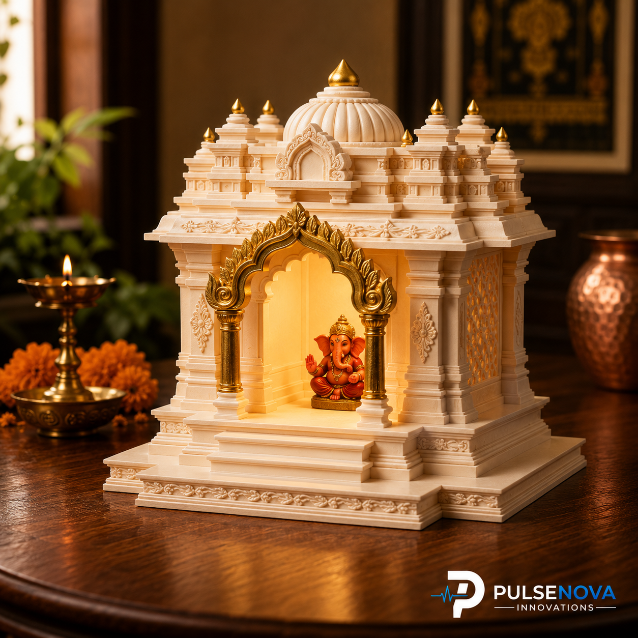 North Indian Temple - Office/Home Table Top Temple with Light (Golden Kalashas & Gate)