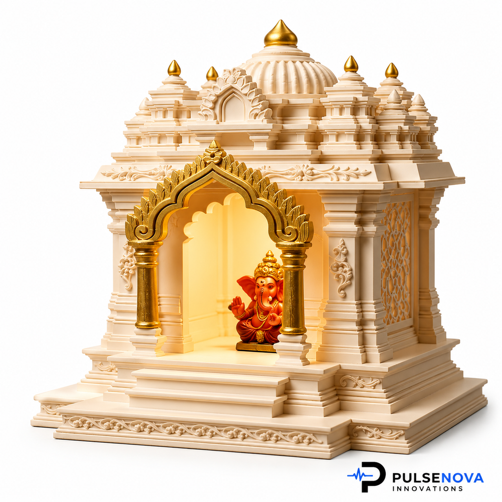 North Indian Temple - Office/Home Table Top Temple with Light (Golden Kalashas & Gate)