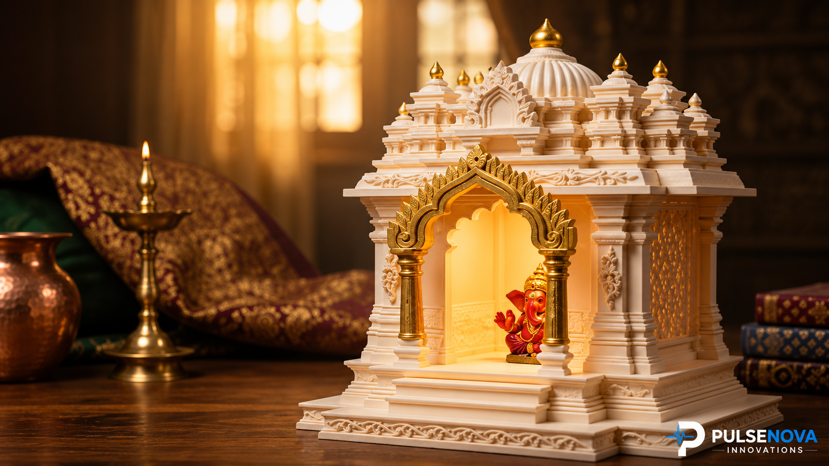 North Indian Temple - Office/Home Table Top Temple with Light (Golden Kalashas & Gate)