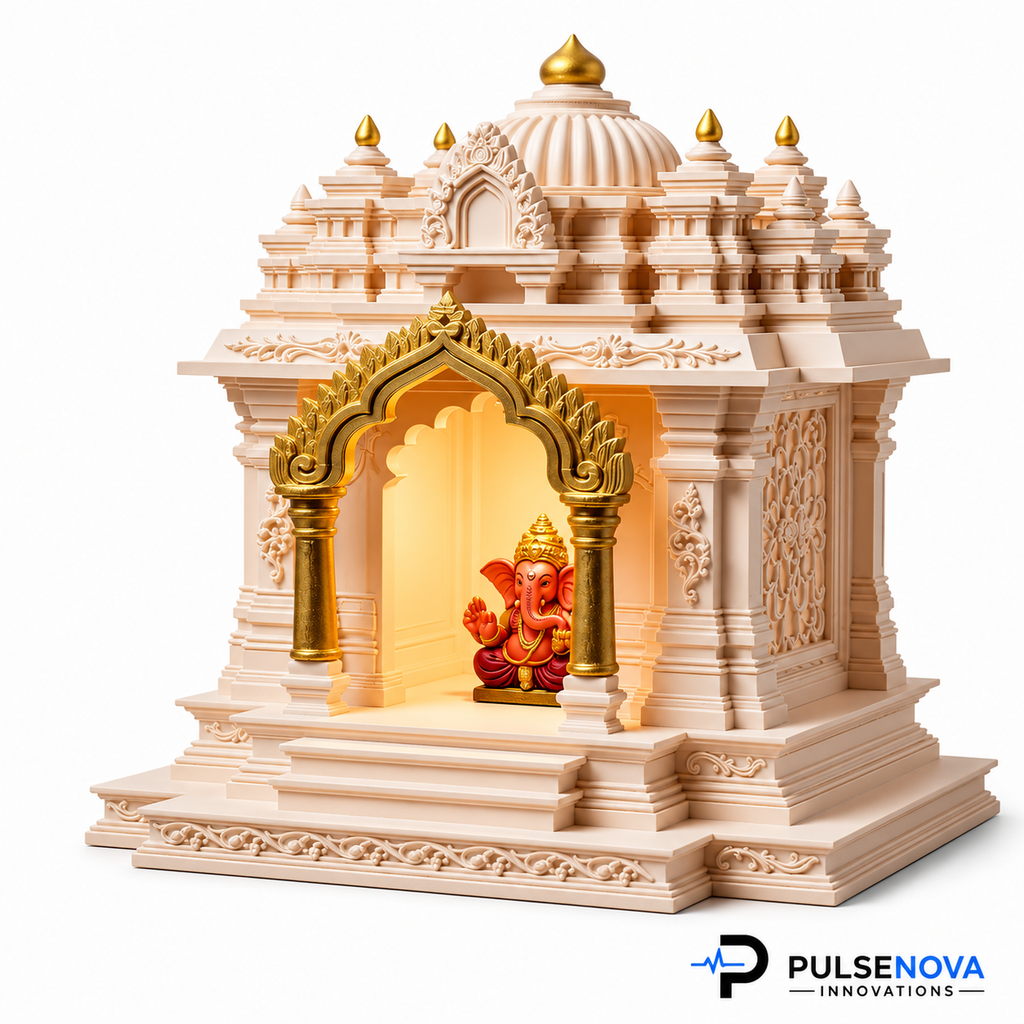North Indian Temple - Office/Home Table Top Temple with Light (Golden Kalashas & Gate)