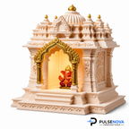North Indian Temple - Office/Home Table Top Temple with Light (Golden Kalashas & Gate)