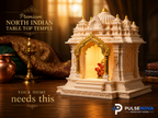 North Indian Temple - Office/Home Table Top Temple with Light (Golden Kalashas & Gate)