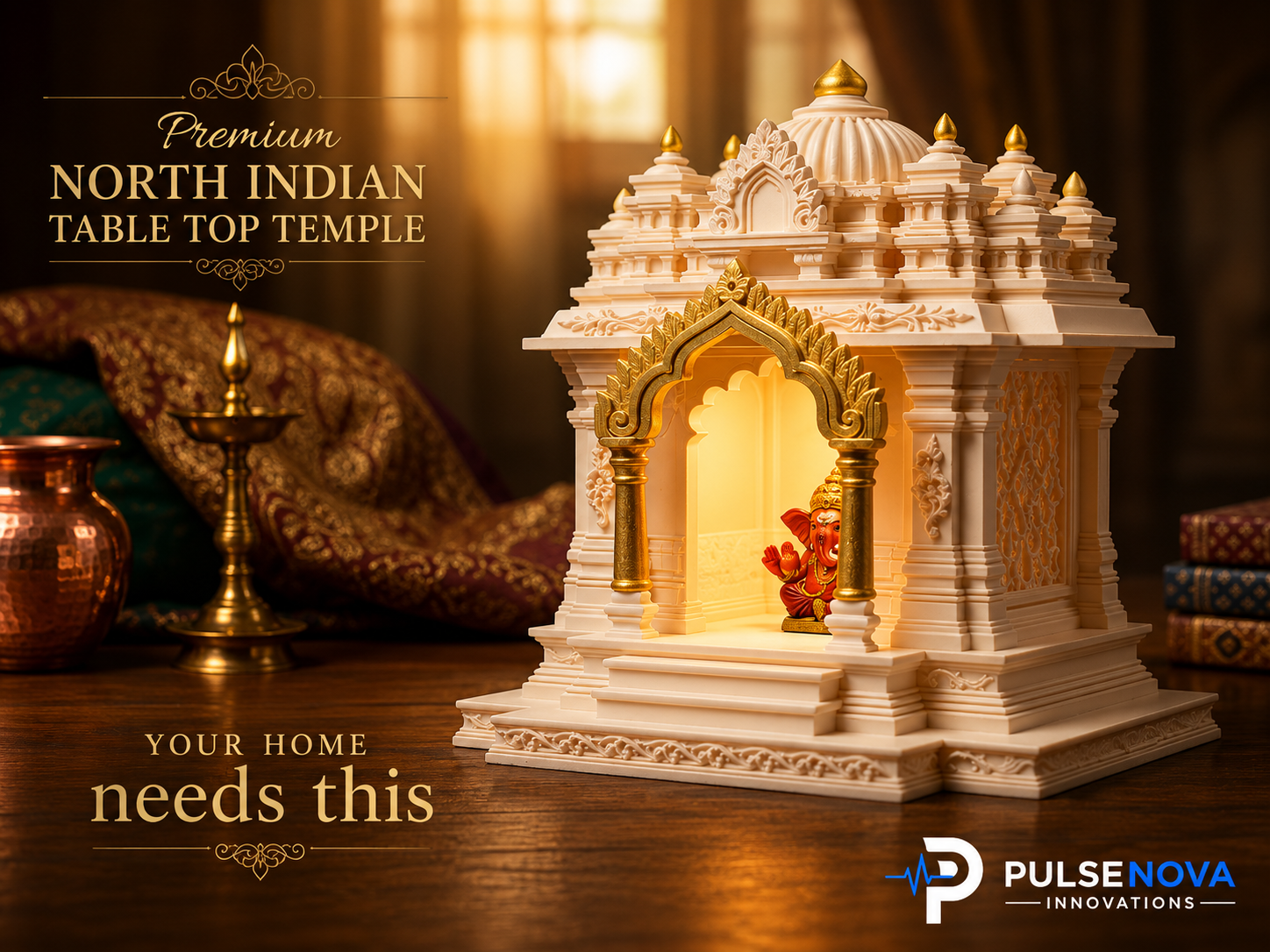 North Indian Temple - Office/Home Table Top Temple with Light (Golden Kalashas & Gate)