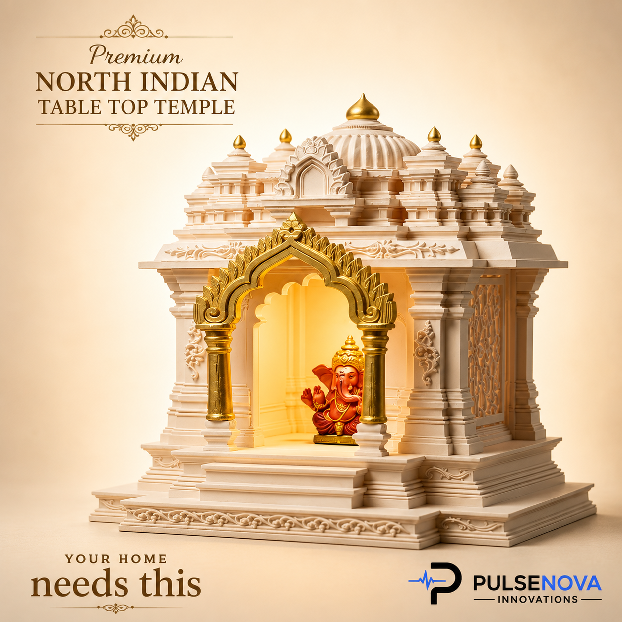 North Indian Temple - Office/Home Table Top Temple with Light (Golden Kalashas & Gate)