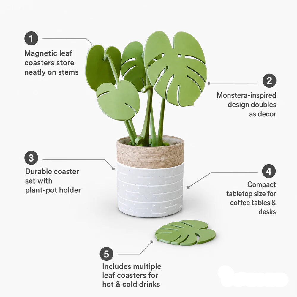 Leafix Classic Monstera Coaster Set With Magnetic Leaves & Pot