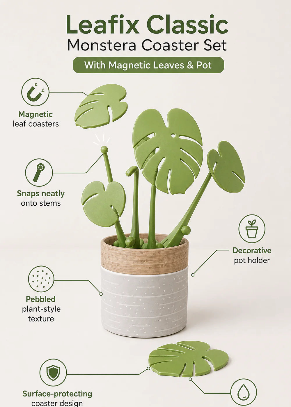 Leafix Classic Monstera Coaster Set With Magnetic Leaves & Pot