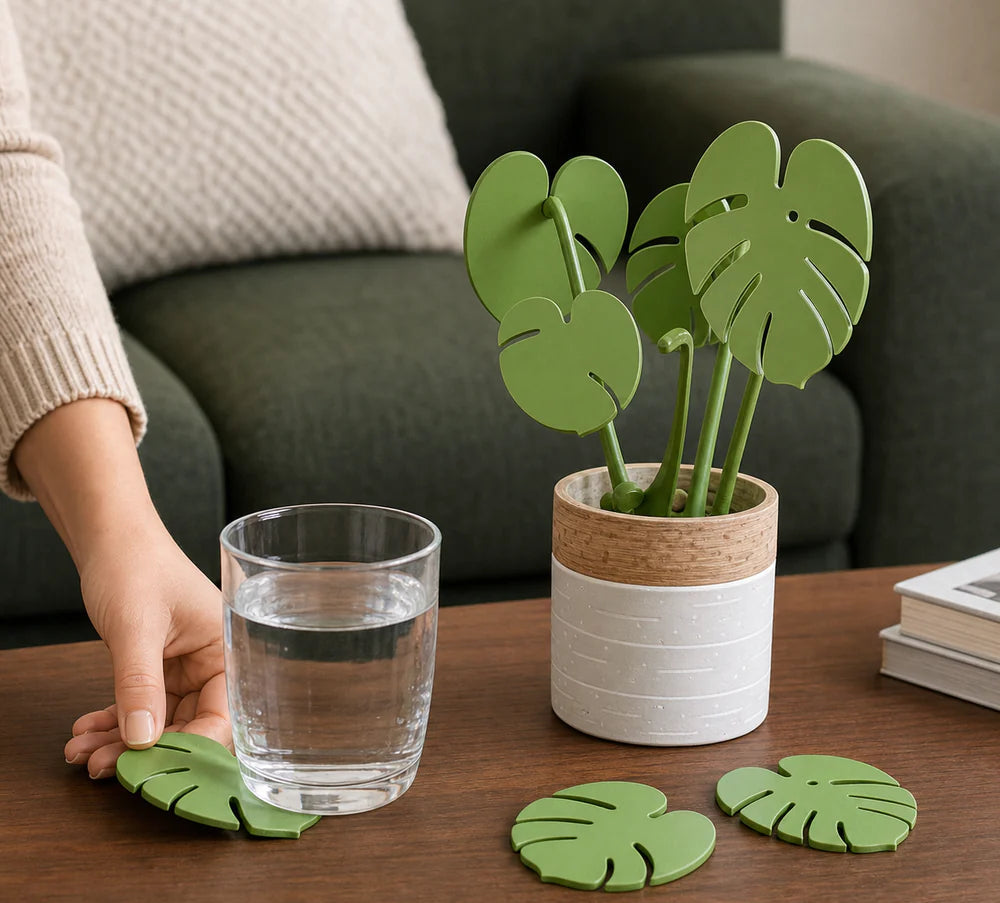 Leafix Classic Monstera Coaster Set With Magnetic Leaves & Pot