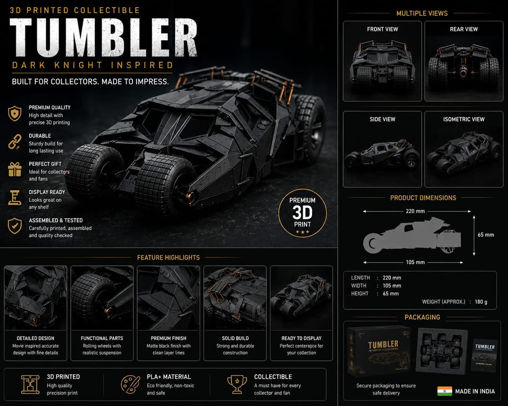 3D Printed Tumbler Car | Superhero Armored Vehicle Collectible | Premium Desk Display