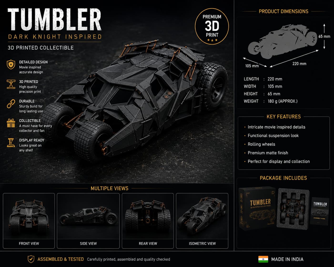 3D Printed Tumbler Car | Superhero Armored Vehicle Collectible | Premium Desk Display
