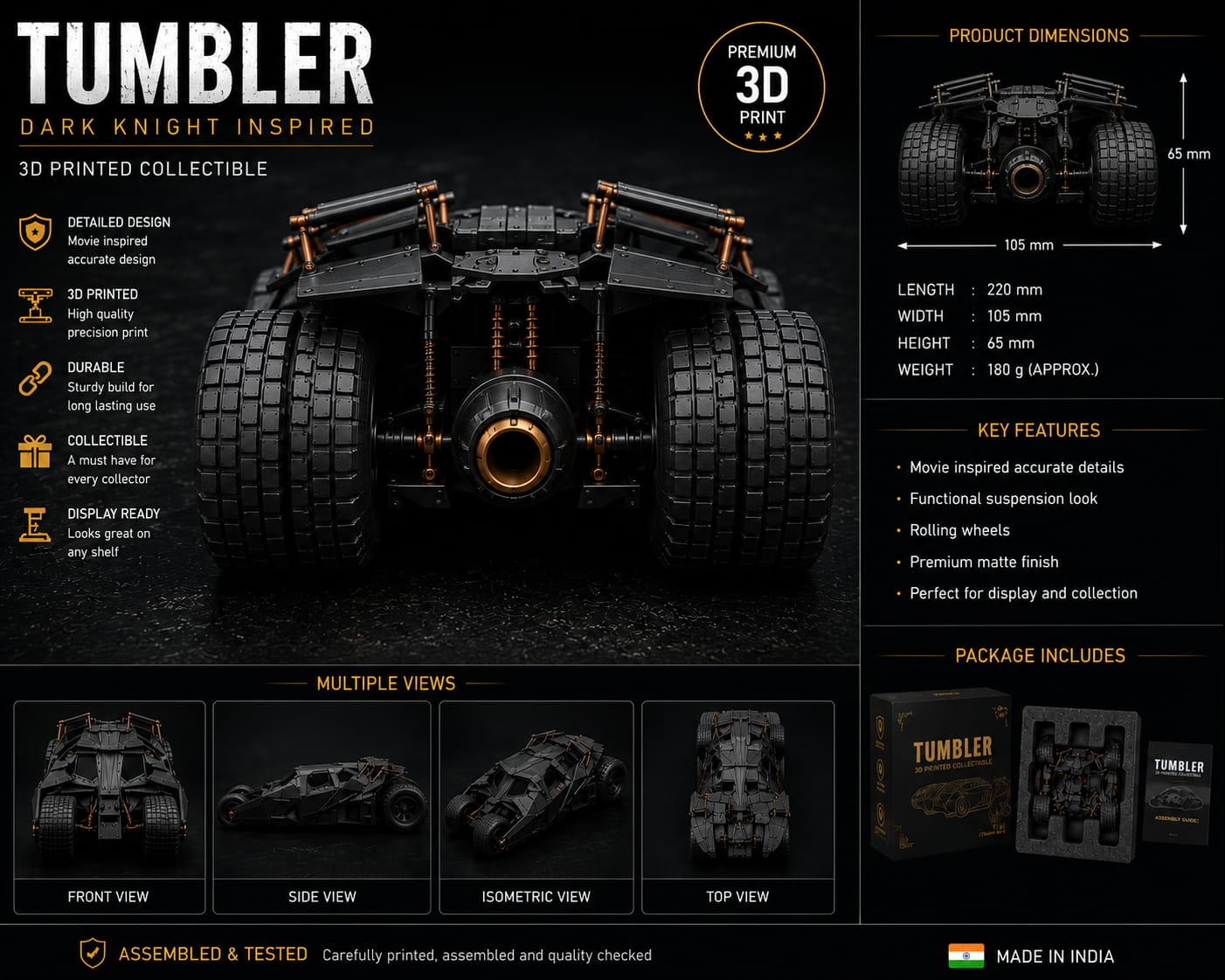3D Printed Tumbler Car | Superhero Armored Vehicle Collectible | Premium Desk Display