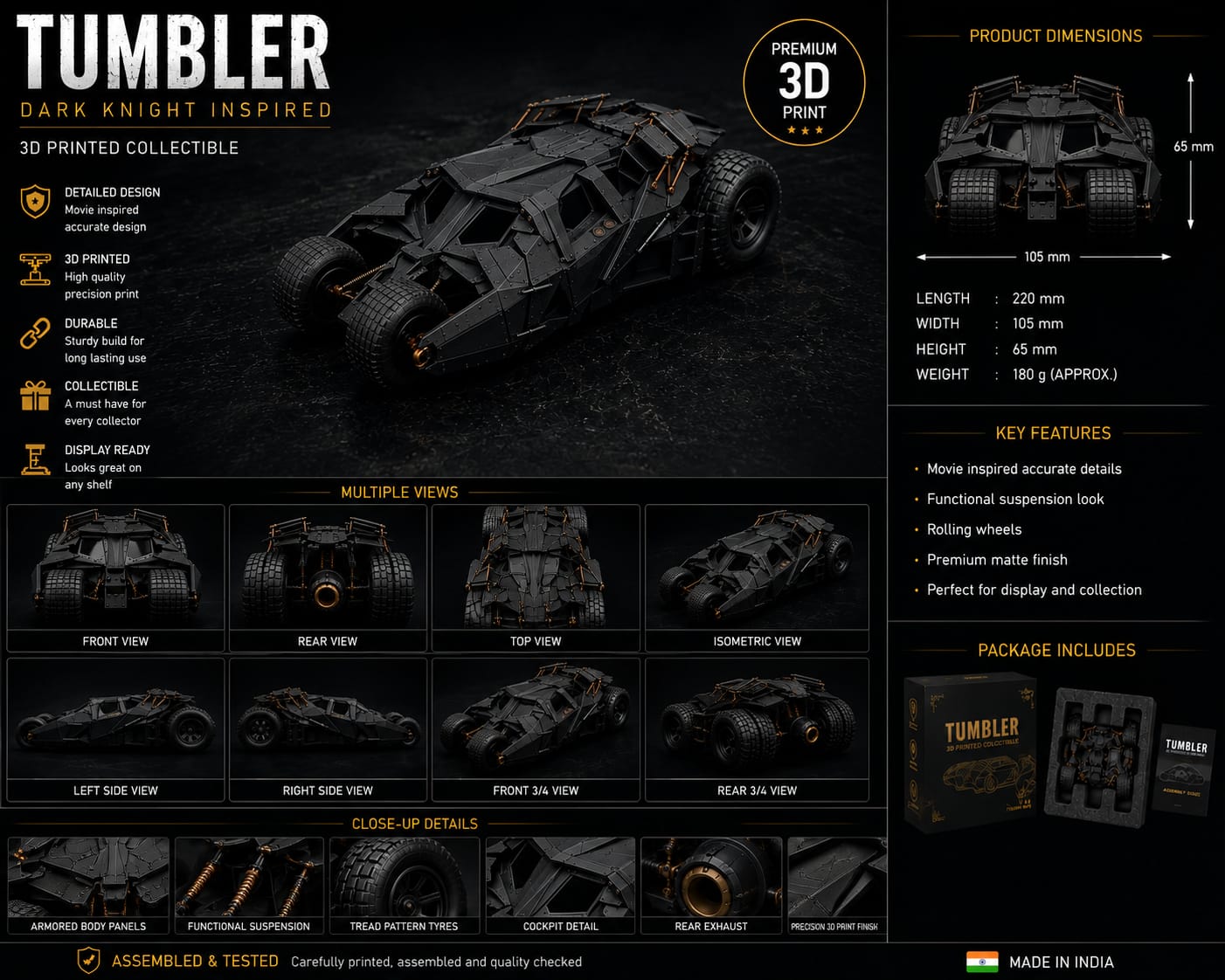 3D Printed Tumbler Car | Superhero Armored Vehicle Collectible | Premium Desk Display