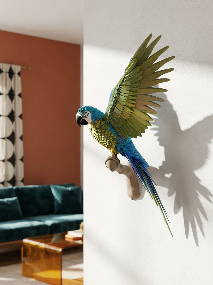 A life-size, 3D-printed macaw wall sculpture mounted on a terracotta-colored wall in a modern, sunlit living room.