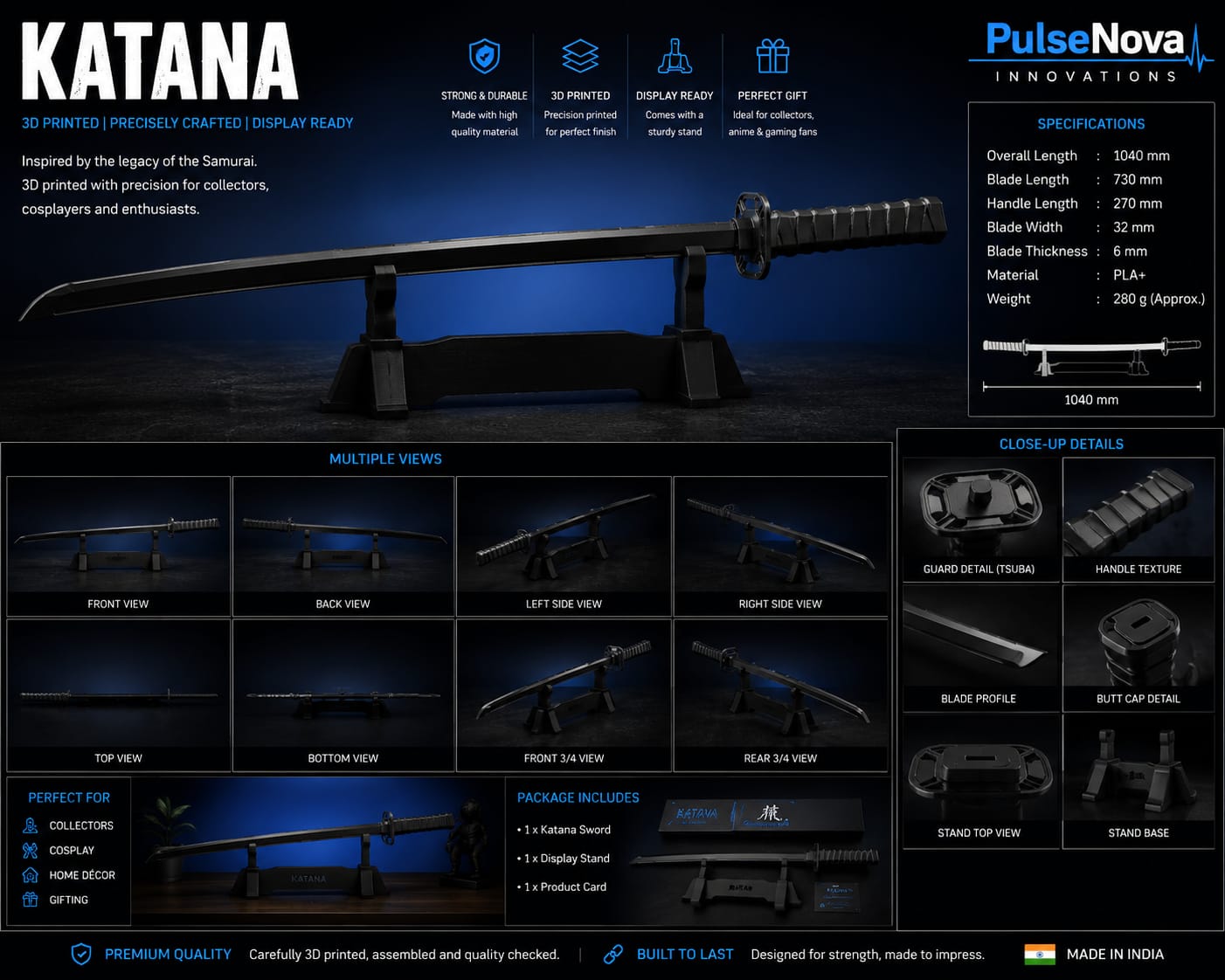 3D Printed Collapsible Katana | Retractable Sword Collectible | Premium Desk Display