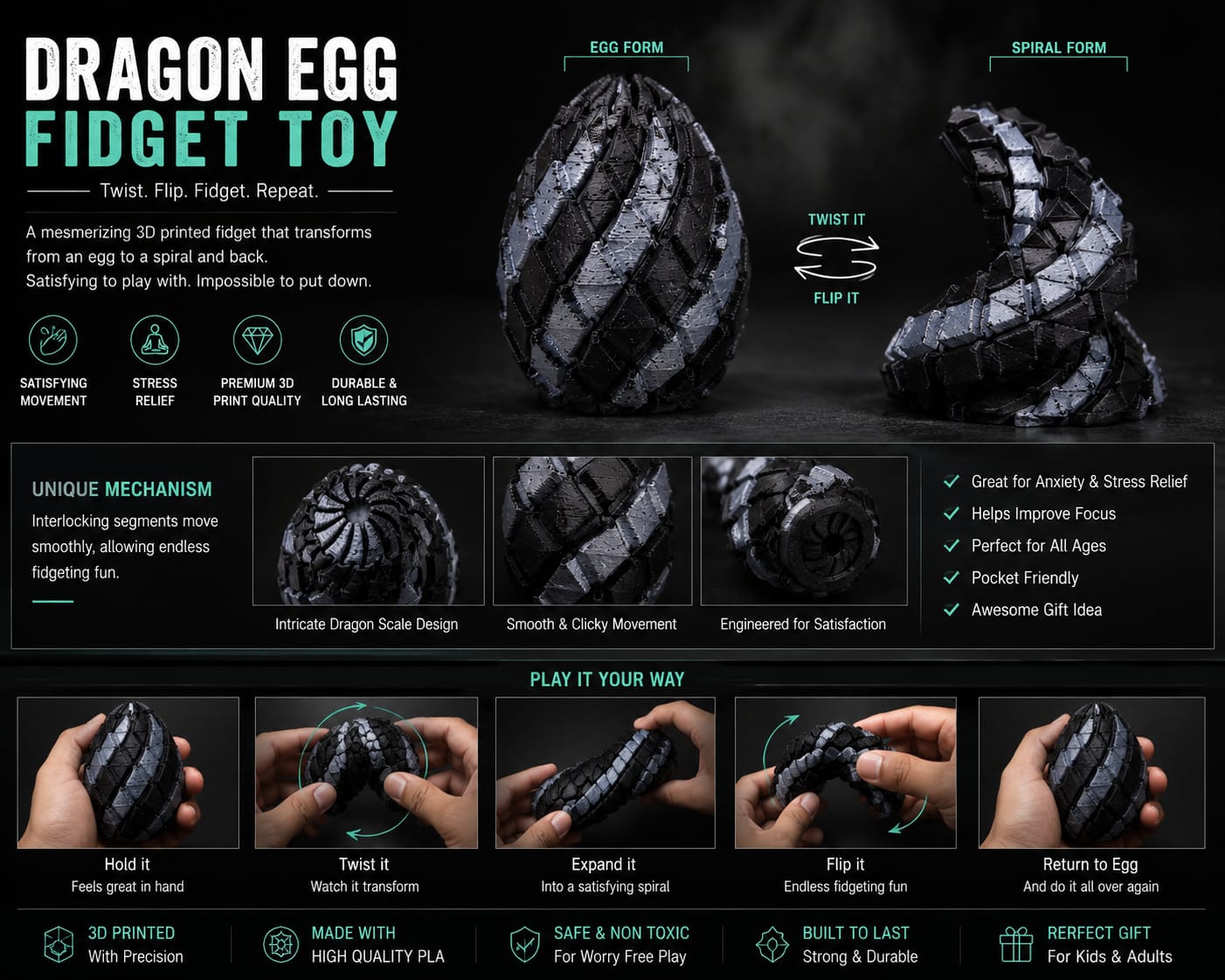 3D Printed Dragon Egg with Articulated Dragon | Premium Collectible & Desk Decor