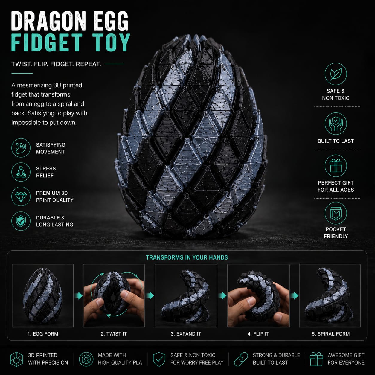 3D Printed Dragon Egg with Articulated Dragon | Premium Collectible & Desk Decor
