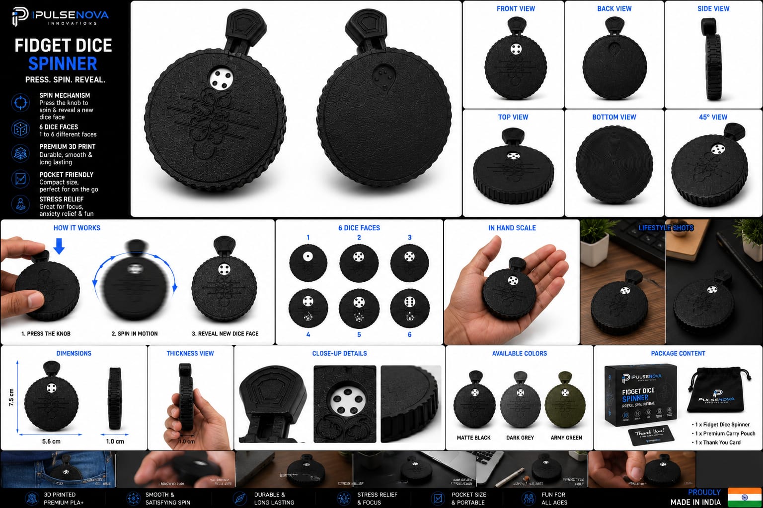 3D Printed Dice Fidget Spinner | Premium Desk Toy & Stress Relief Gadget
