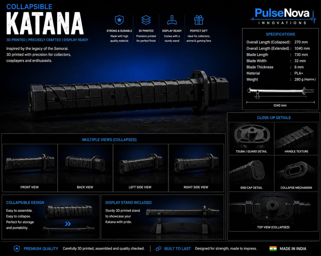 3D Printed Collapsible Katana | Retractable Sword Collectible | Premium Desk Display