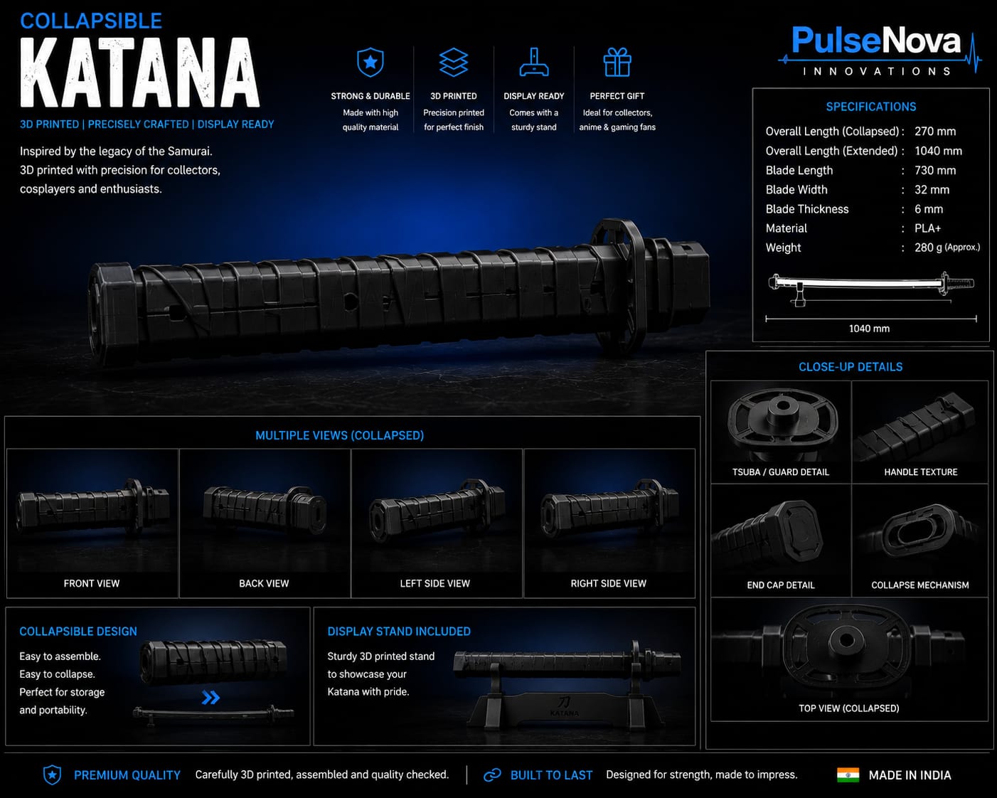 3D Printed Collapsible Katana | Retractable Sword Collectible | Premium Desk Display