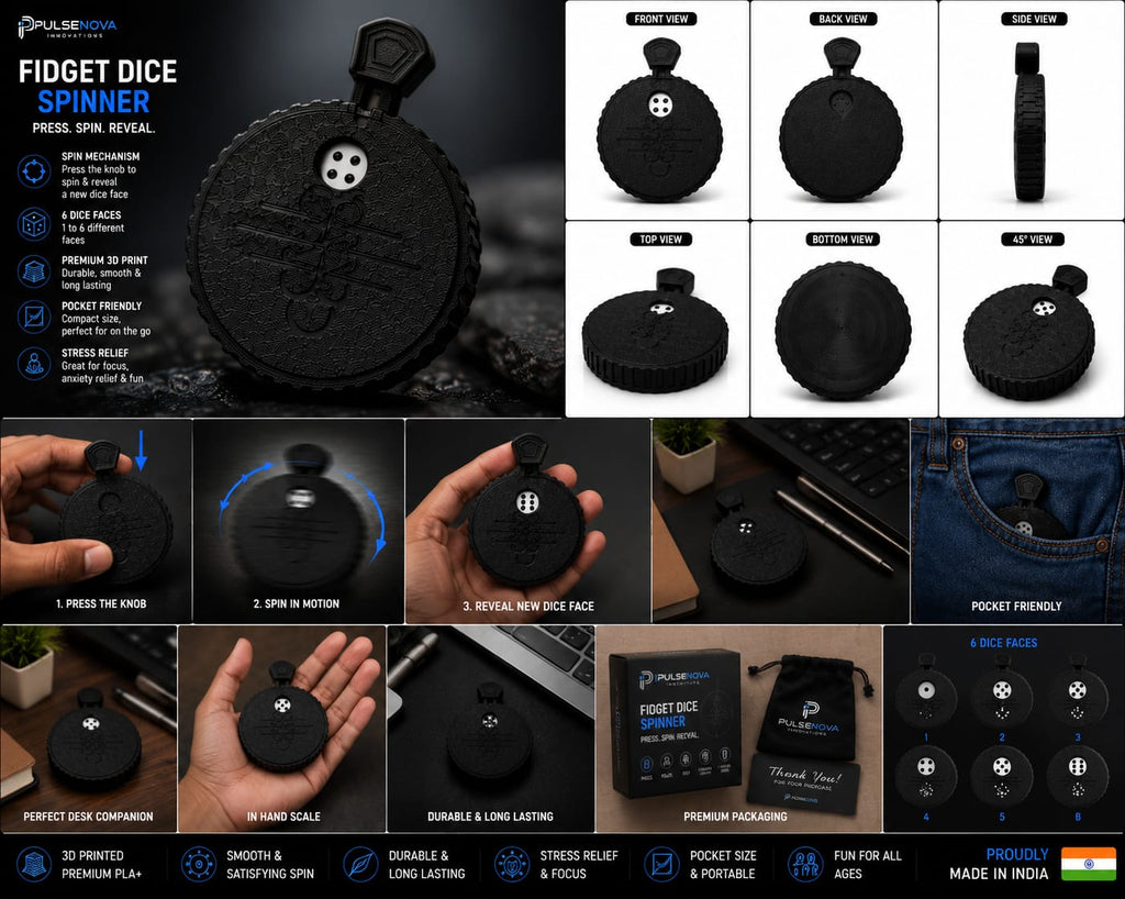3D Printed Dice Fidget Spinner | Premium Desk Toy & Stress Relief Gadget